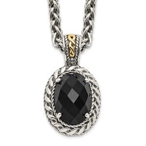 925 Sterling Silver 14K Accent 18" Antiqued Checkerboard-cut Black Onyx Necklace
